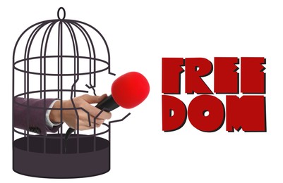Image of Freedom of speech. Journalist with microphone breaking cage on white background, closeup