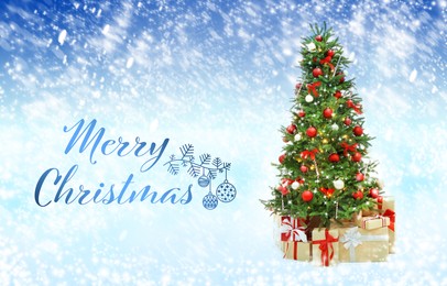 Image of Merry Christmas. Beautiful decorated Christmas tree on light blue background, bokeh effect