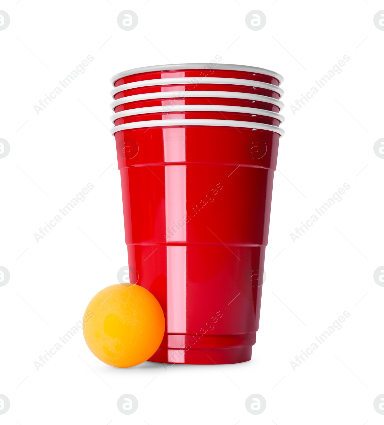 Photo of Red plastic cups and ball for beer pong on white background