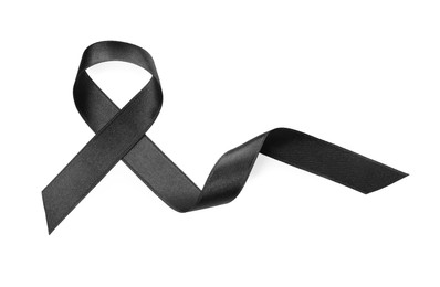 Photo of Black satin ribbon on white background, top view