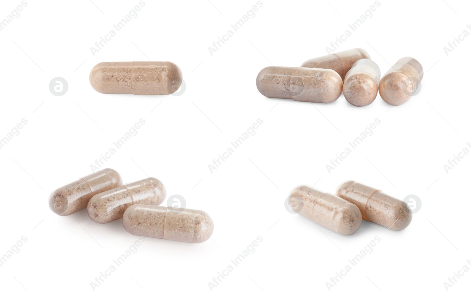 Image of Transparent gelatin capsules on white background, collage