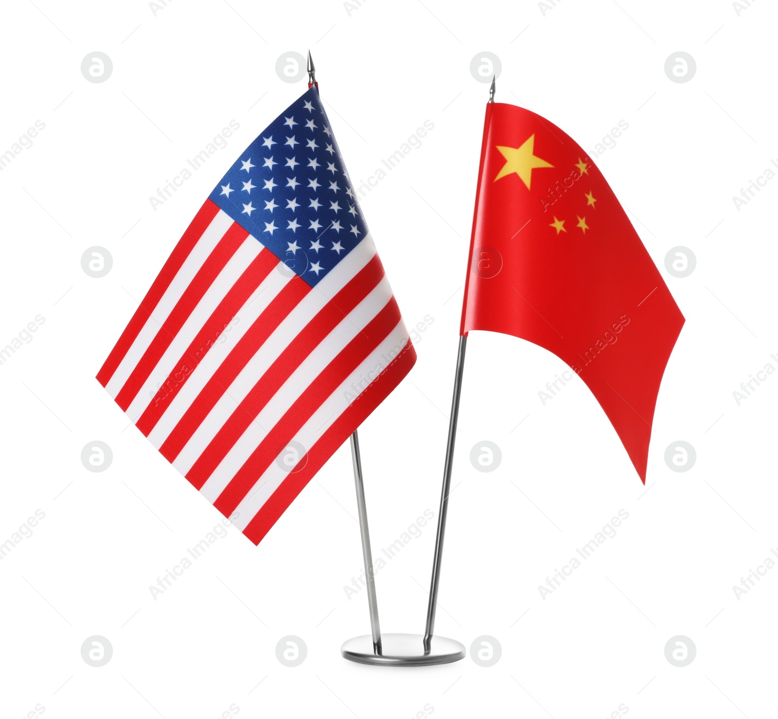 Photo of USA and China flags on white background. International relations