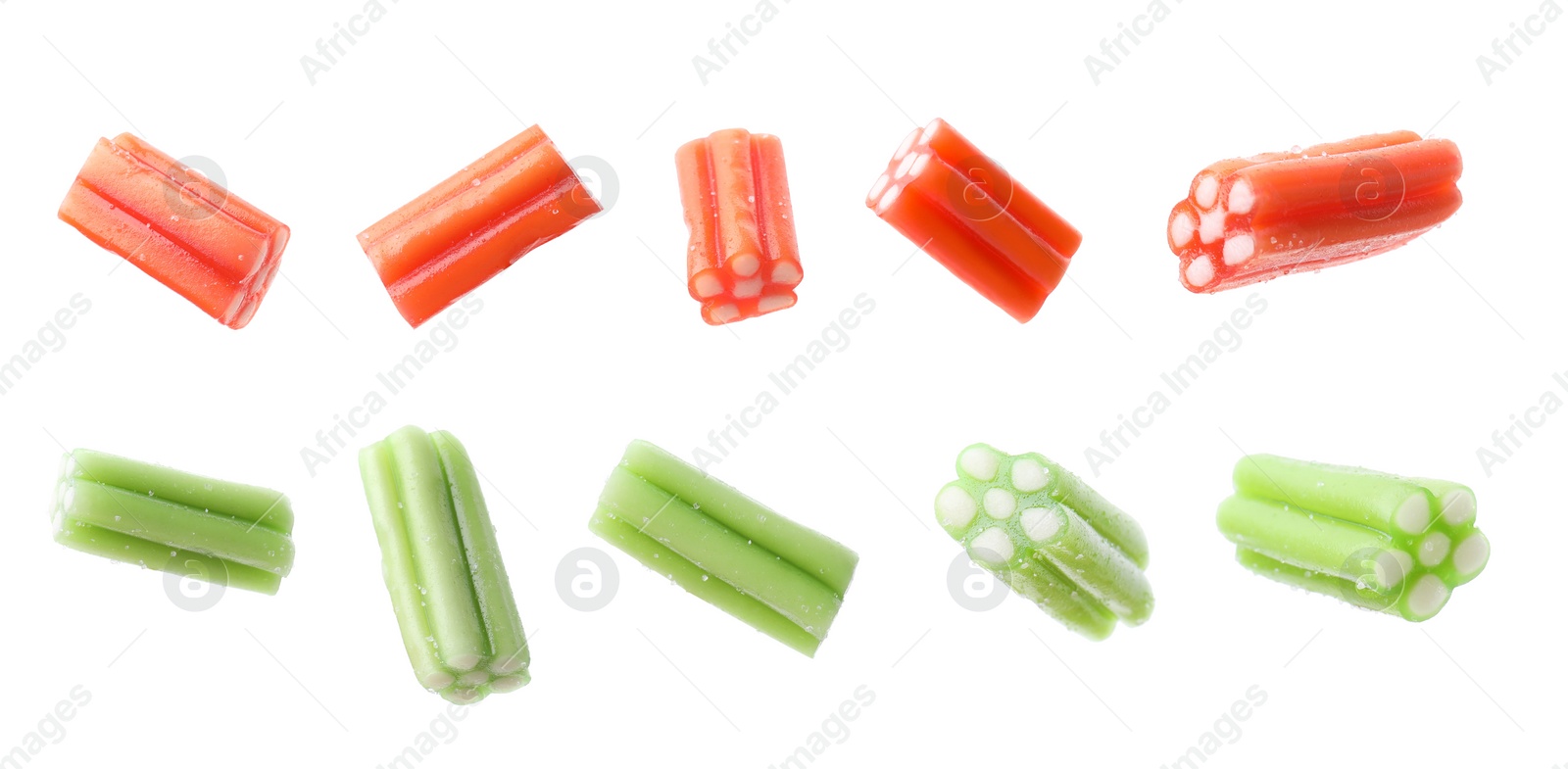 Image of Collage of tasty jelly candies on white background, different sides