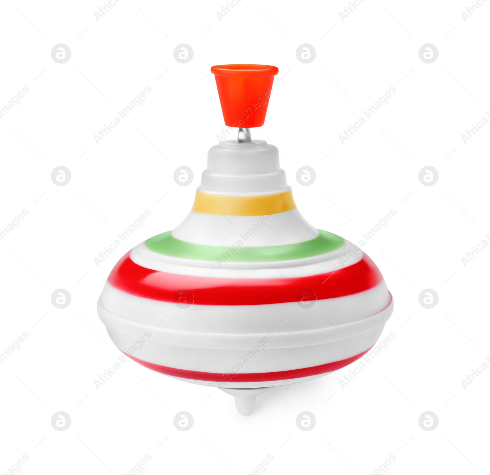 Photo of One bright spinning top isolated on white. Toy whirligig