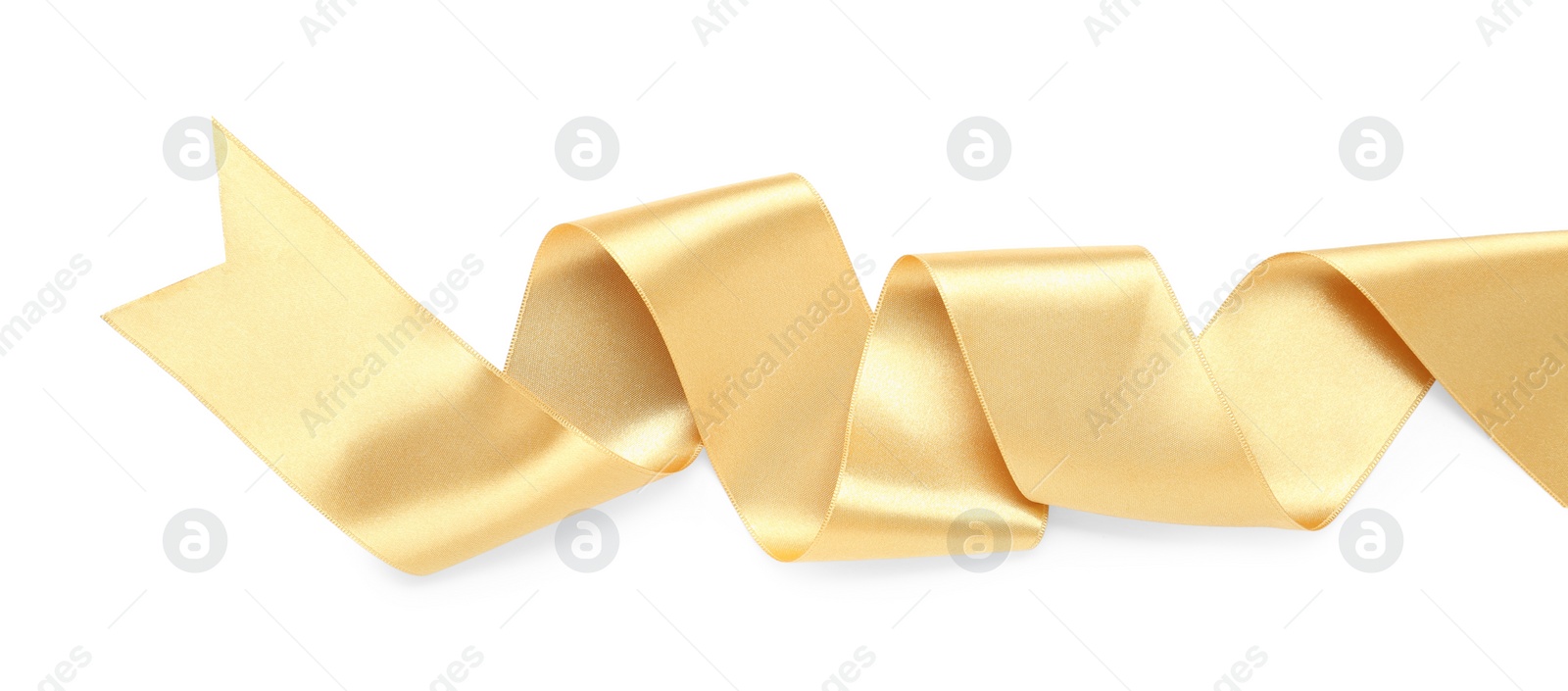 Photo of Beautiful golden ribbon isolated on white, top view