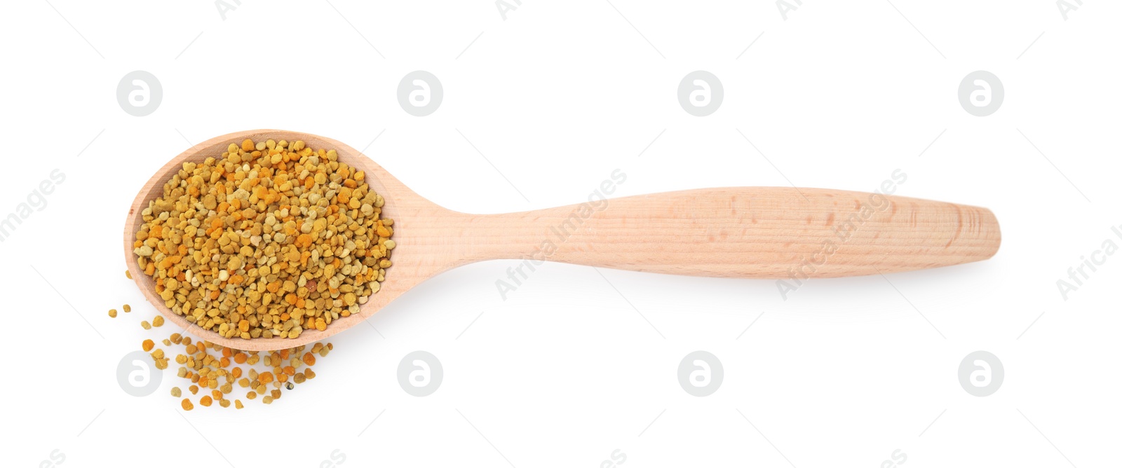 Photo of Spoon with fresh bee pollen granules isolated on white, top view
