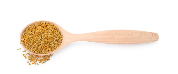 Photo of Spoon with fresh bee pollen granules isolated on white, top view