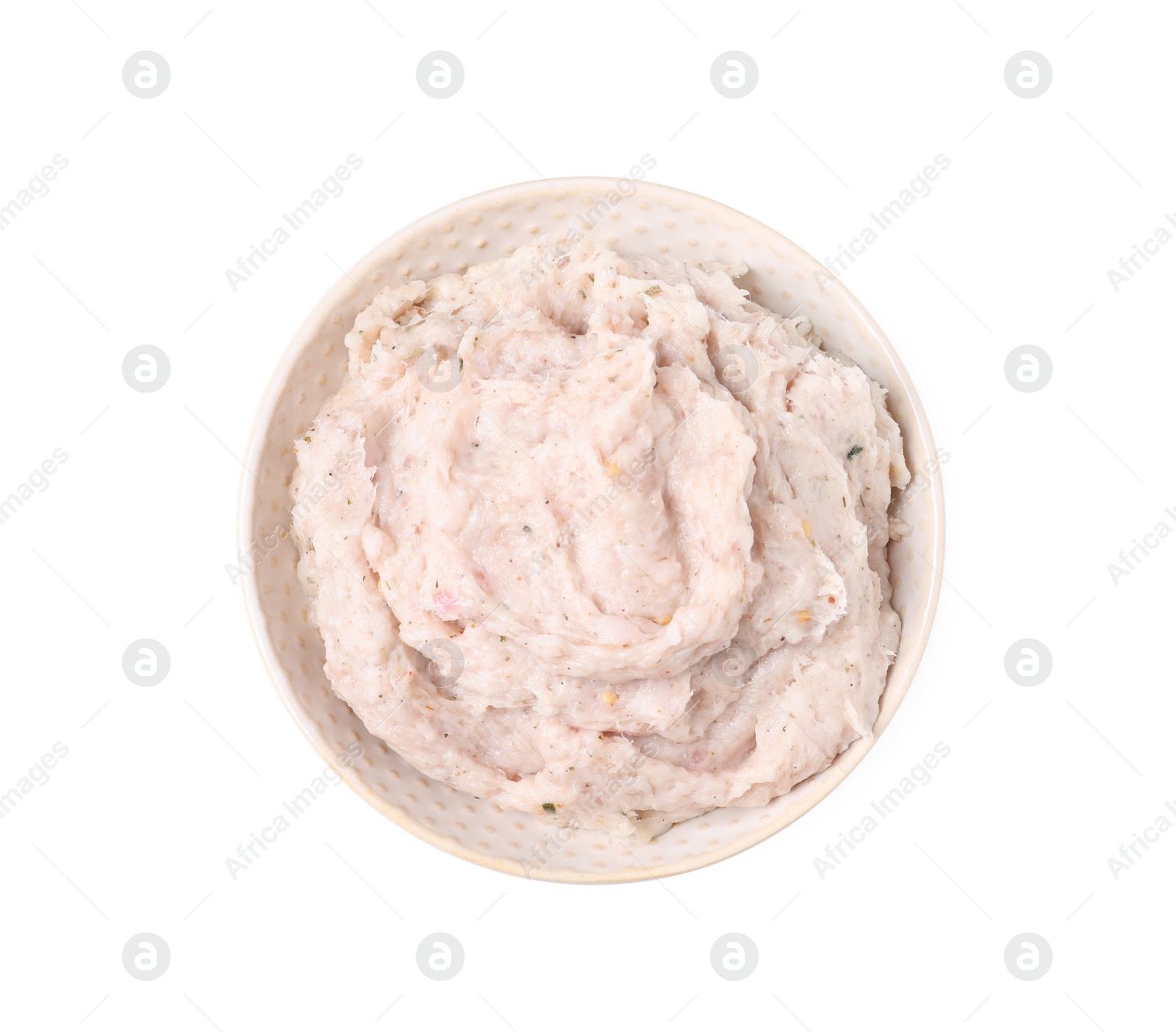 Photo of Delicious lard spread in bowl on white background, top view