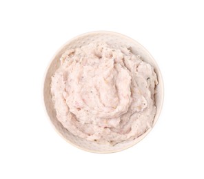 Photo of Delicious lard spread in bowl on white background, top view