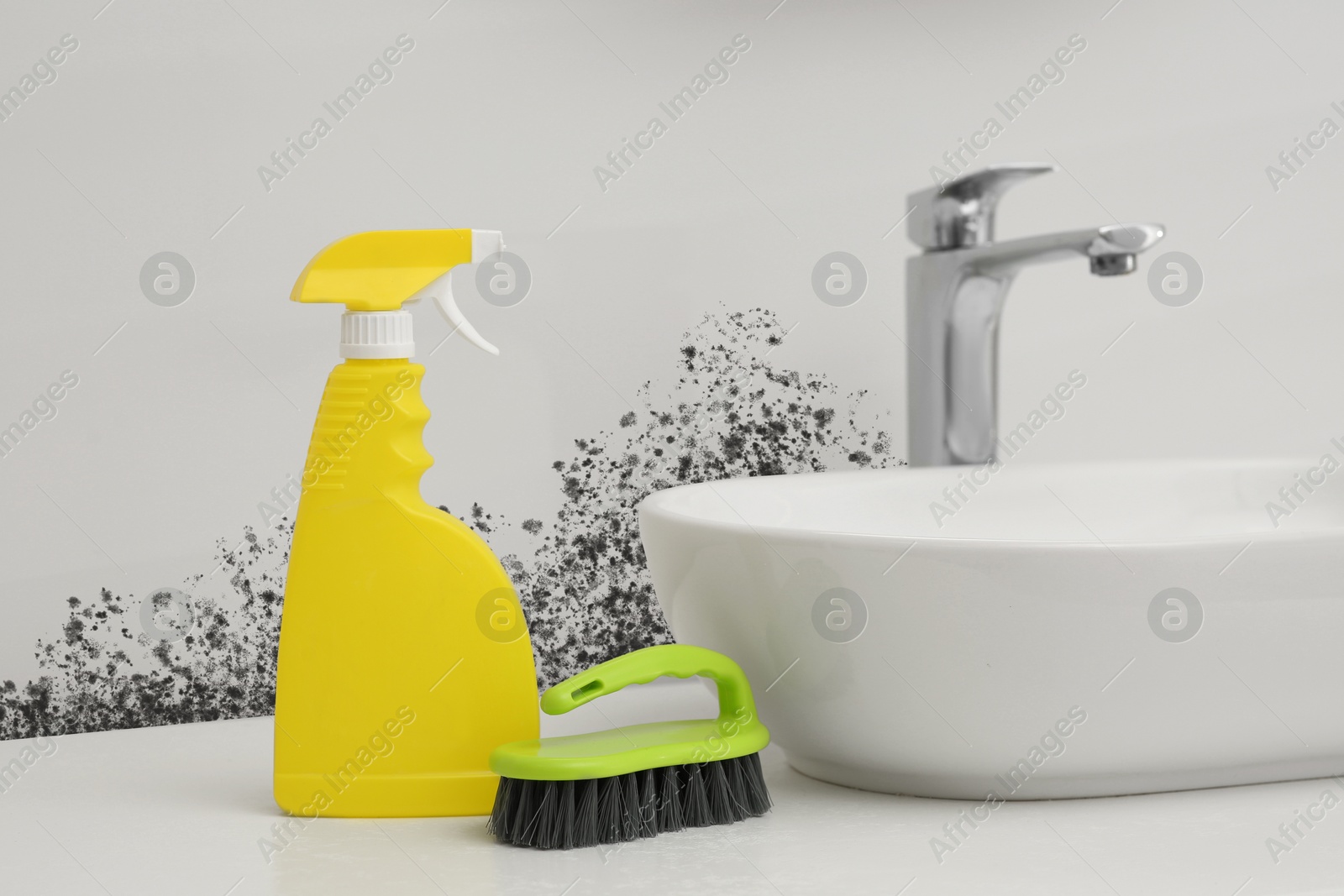 Image of Mold remover spray bottle and brush near affected wall in bathroom