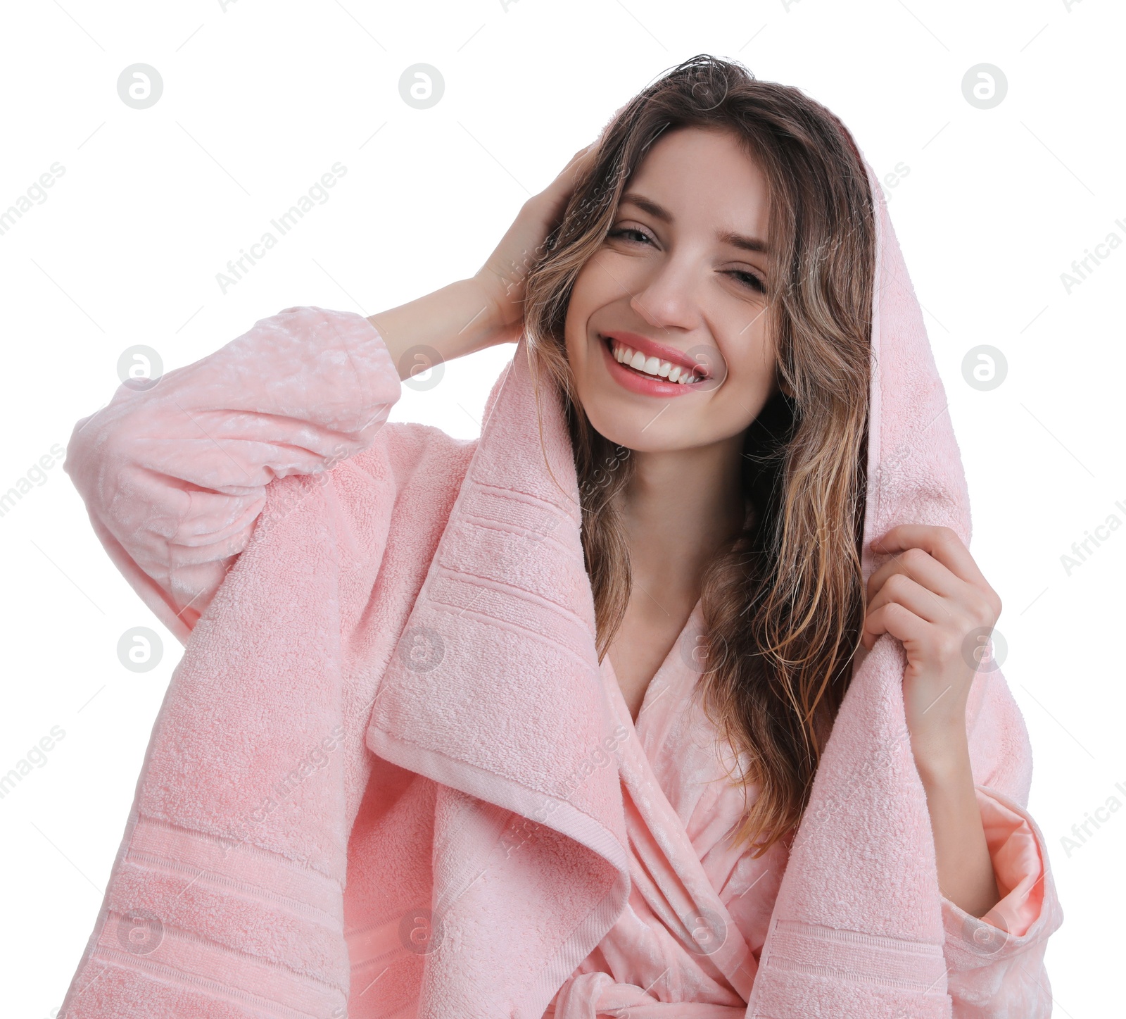 Photo of Beautiful young woman wiping hair with towel after washing on white background