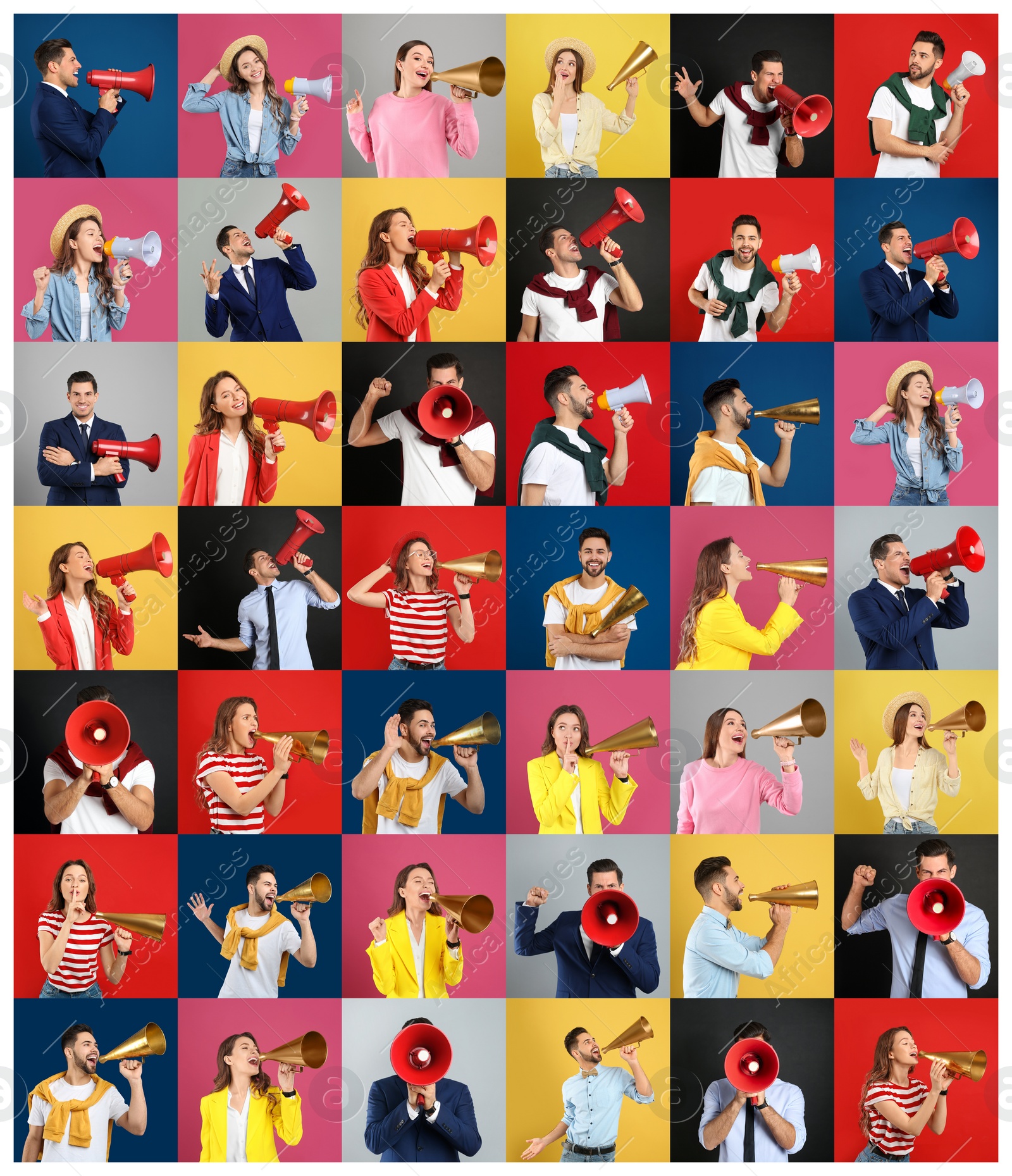 Image of Collage of people with megaphones on color backgrounds