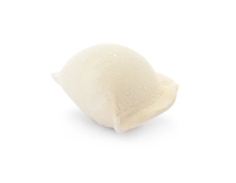 Photo of Raw dumpling with tasty filling on white background