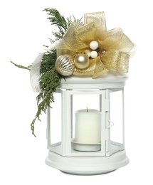 Photo of Decorative Christmas lantern with candle isolated on white