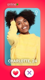 Image of Dating site account of young African American woman. Profile photo, information and icons