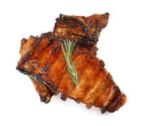 Photo of Tasty grilled ribs with rosemary isolated on white, top view