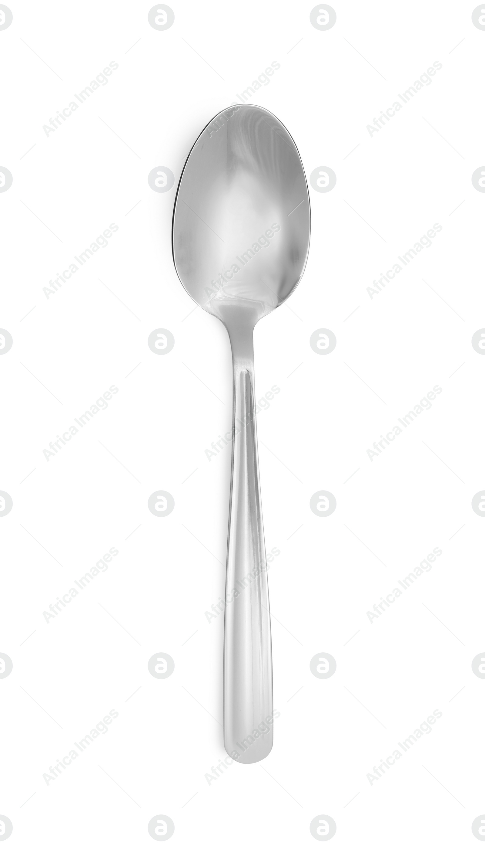 Photo of One new shiny spoon isolated on white, top view