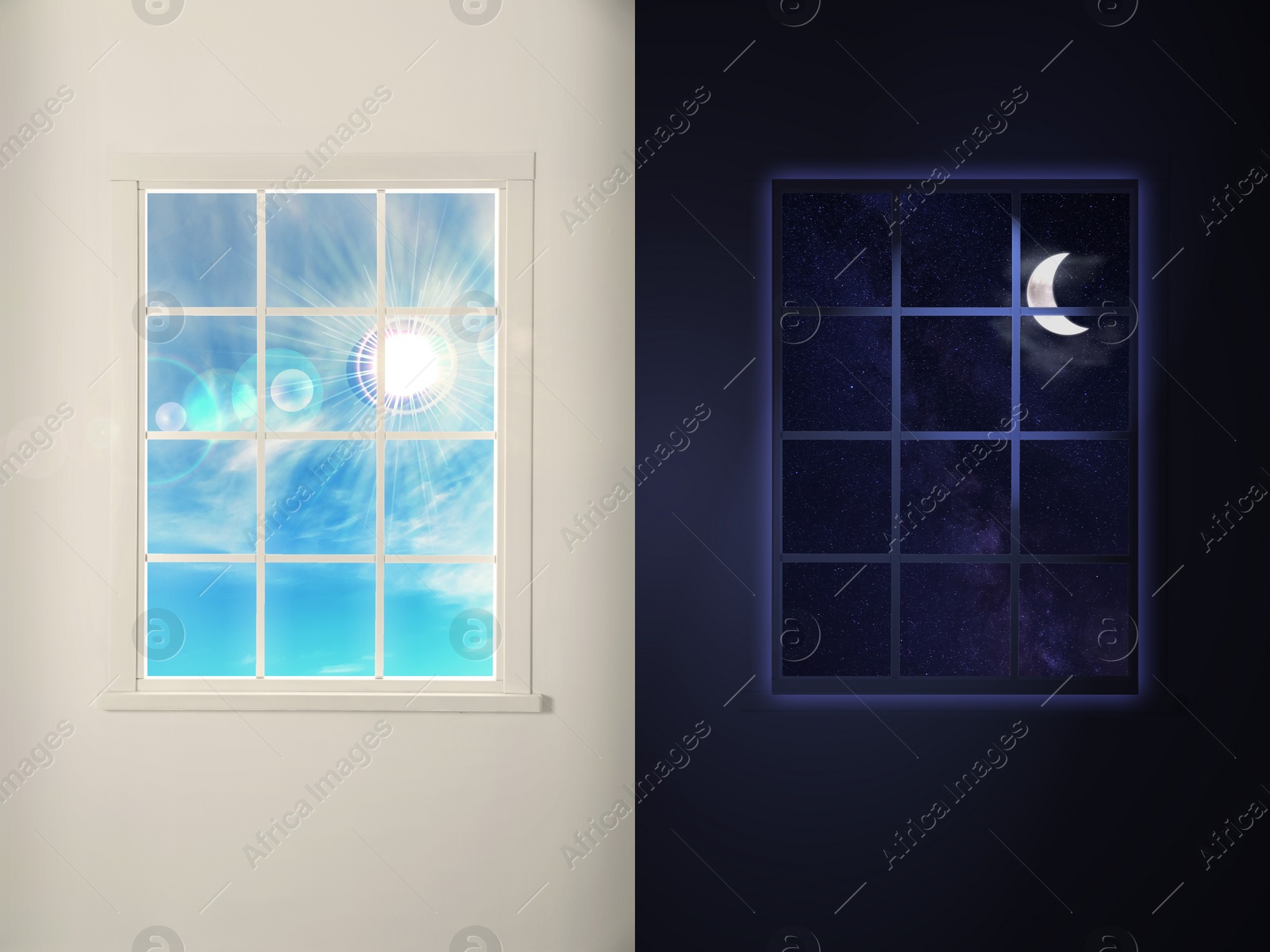 Image of Beautiful view of sky through windows in day and night, collage