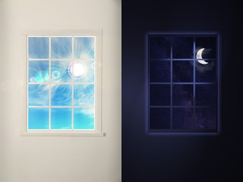 Image of Beautiful view of sky through windows in day and night, collage