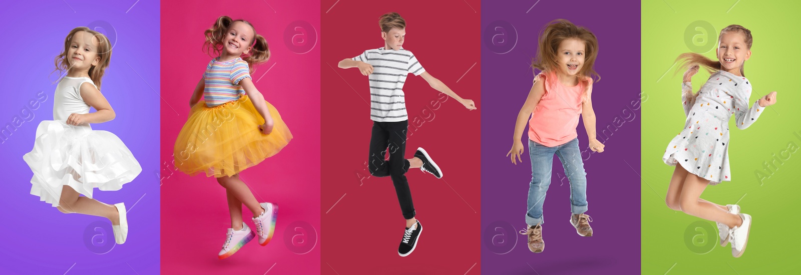 Image of Group of children jumping on color backgrounds, set of photos