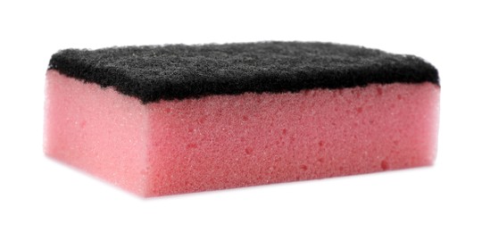 Photo of Pink cleaning sponge with abrasive black scourer isolated on white