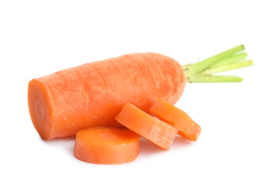 Photo of Cut ripe carrot on white background. Wholesome vegetable