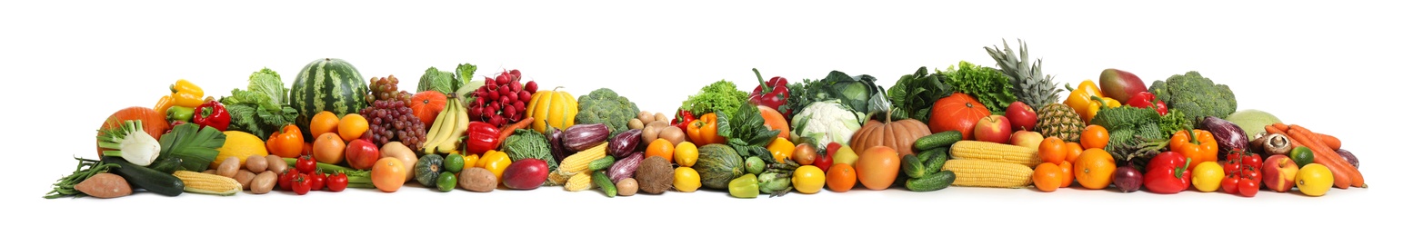 Image of Collection of fresh organic vegetables and fruits on white background. Banner design 