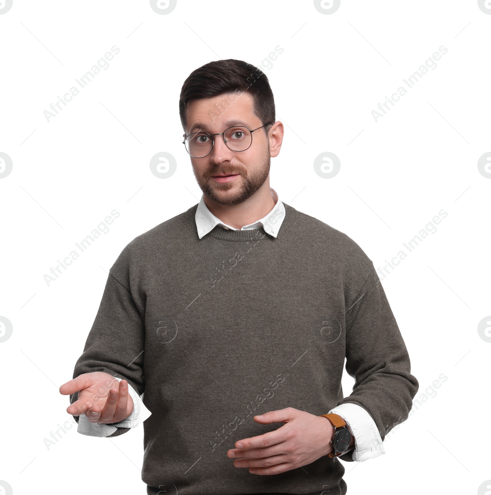 Photo of Portrait of handsome bearded businessman in eyeglasses on white background