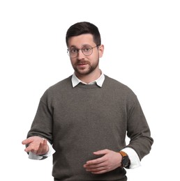 Portrait of handsome bearded businessman in eyeglasses on white background