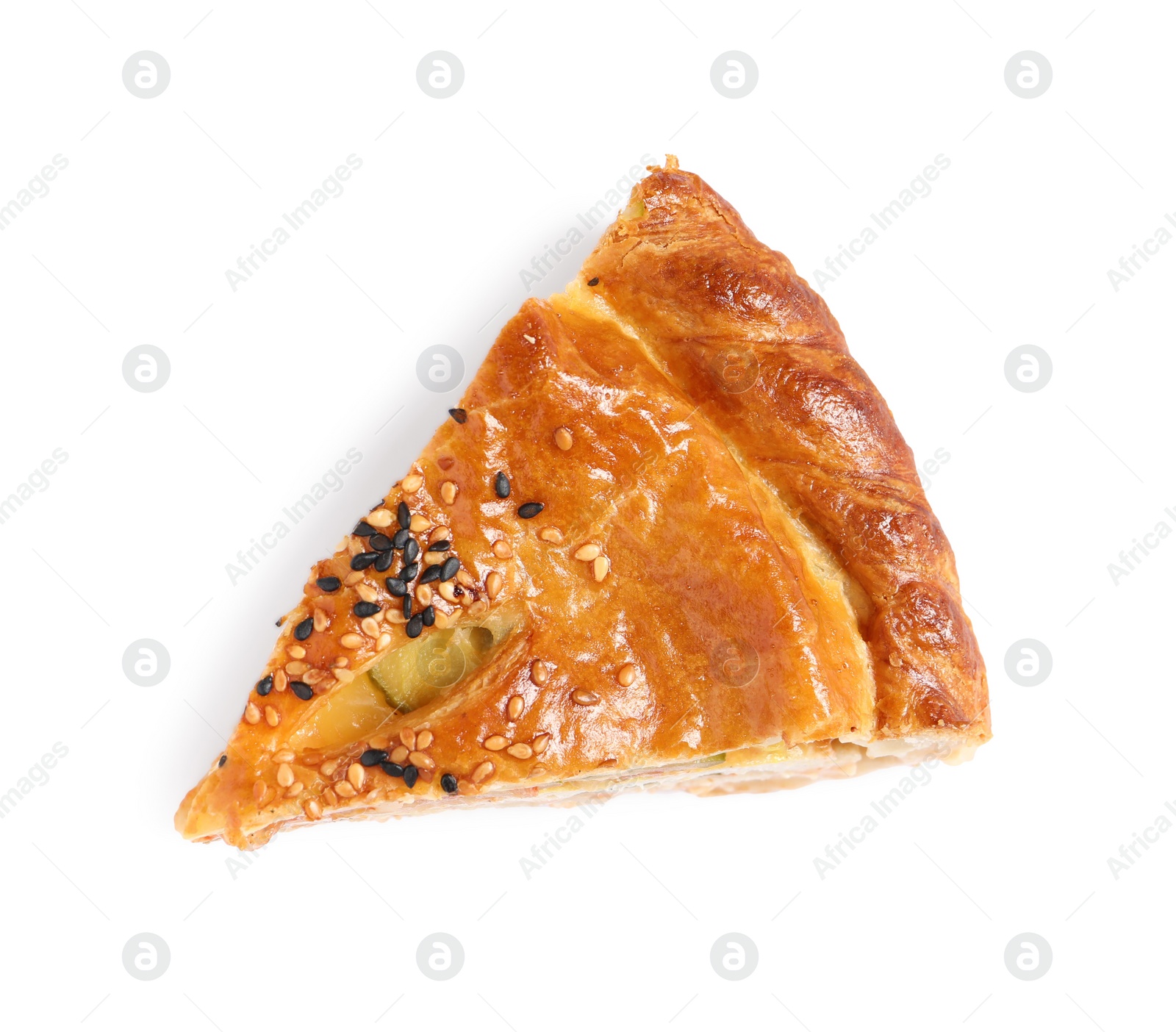 Photo of Piece of tasty homemade pie with filling isolated on white, top view