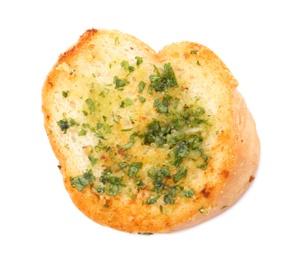 Photo of Slice of bread with garlic, cheese and herbs on white background, top view