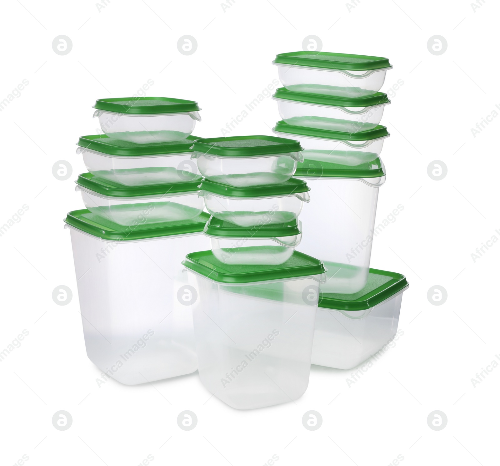 Photo of Set of empty plastic containers for food on white background