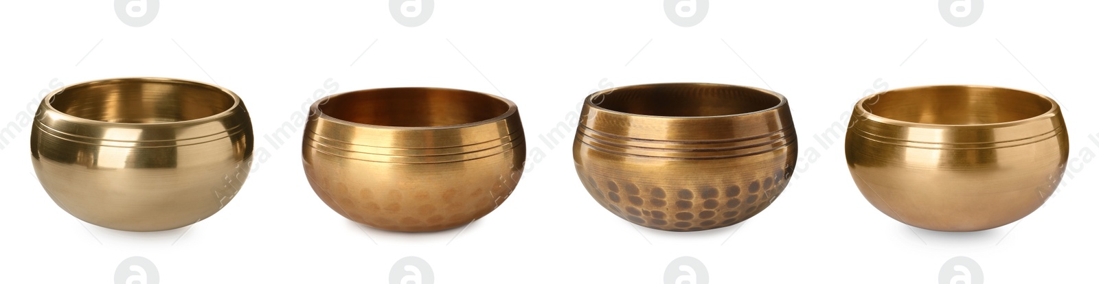 Image of Set with Tibetan singing bowls on white background. Banner design