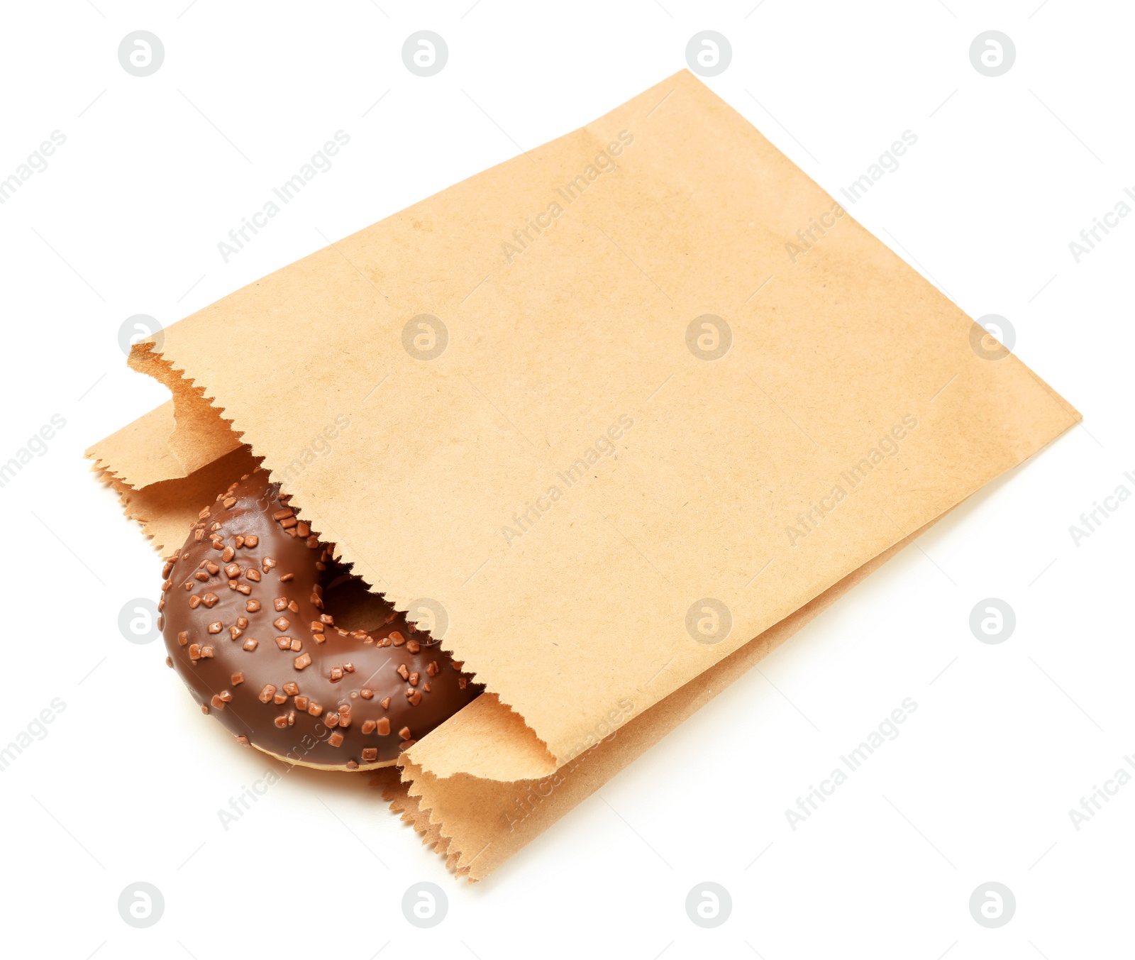 Photo of Paper bag with donut on white background. Space for design