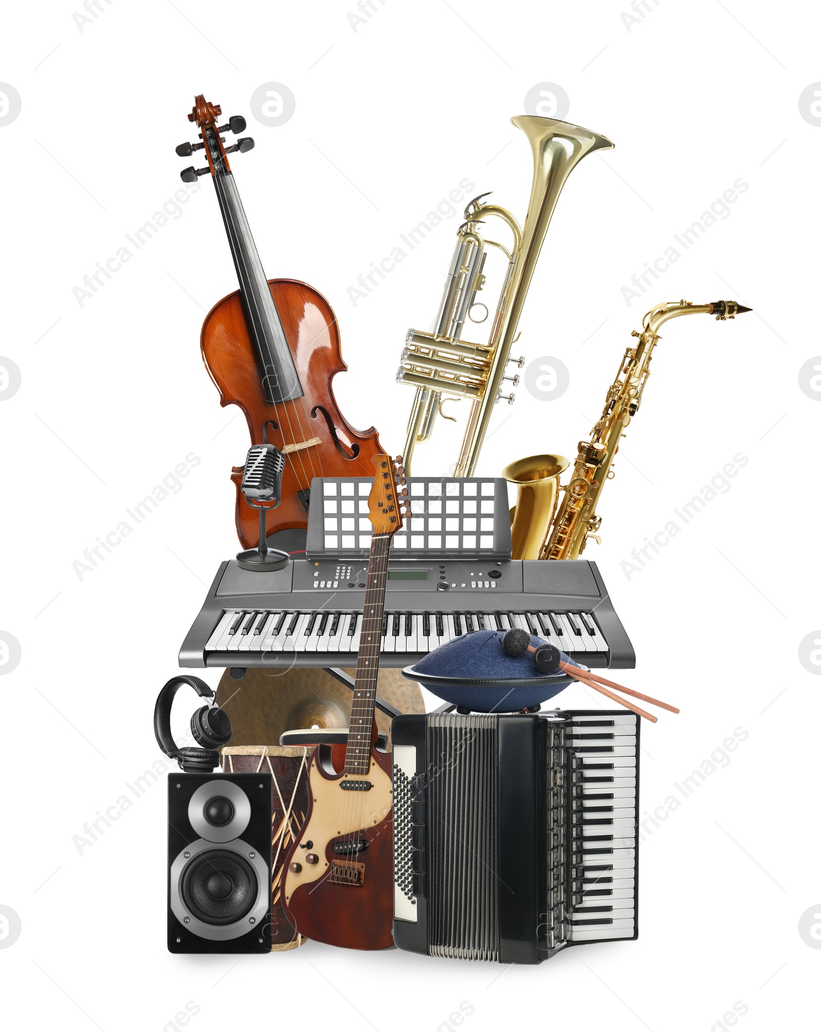 Image of Group of different musical instruments on white background