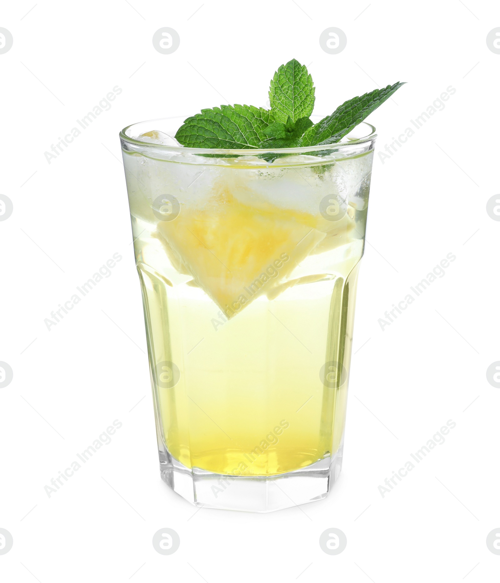 Photo of Delicious pineapple lemonade made with soda water isolated on white