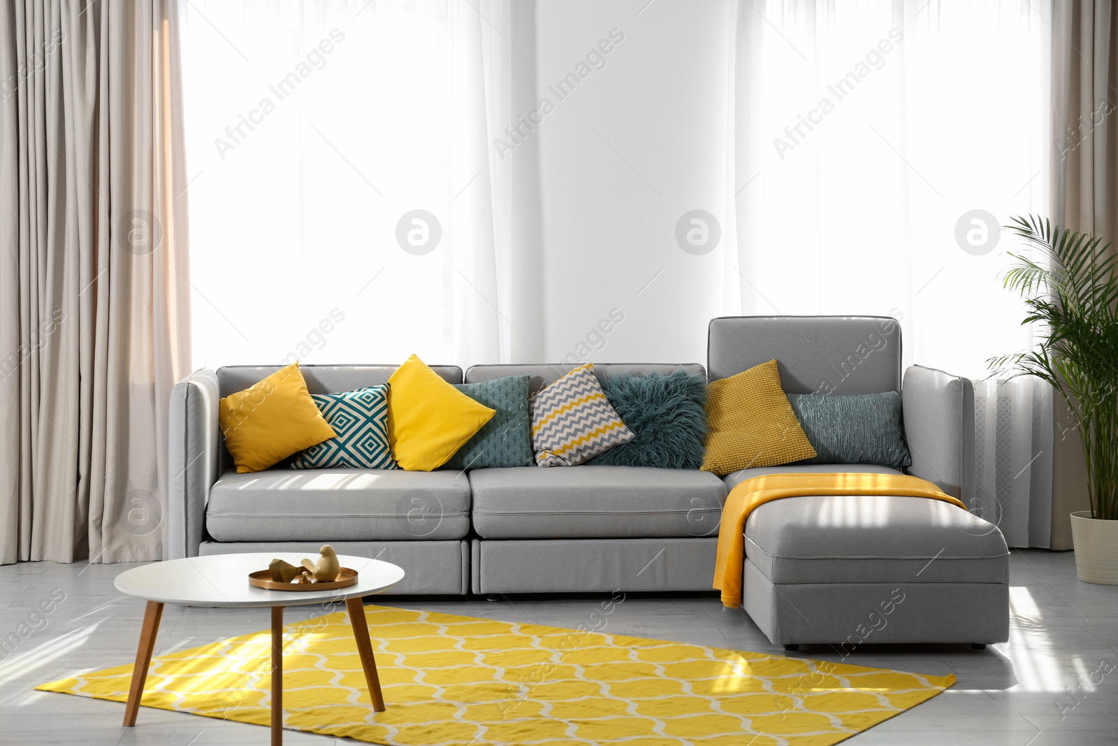 Photo of Stylish living room interior with comfortable sofa. Space for text