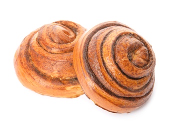 Photo of Freshly baked cinnamon rolls on white background