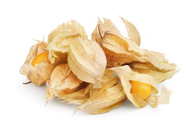 Many ripe physalis fruits with calyxes isolated on white