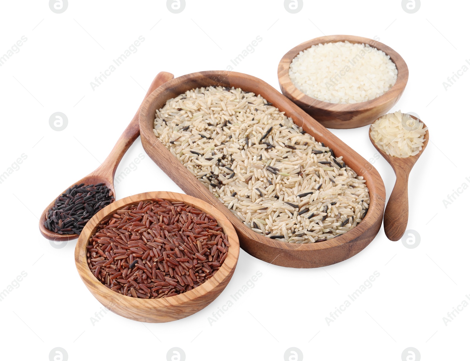 Photo of Different sorts of rice isolated on white