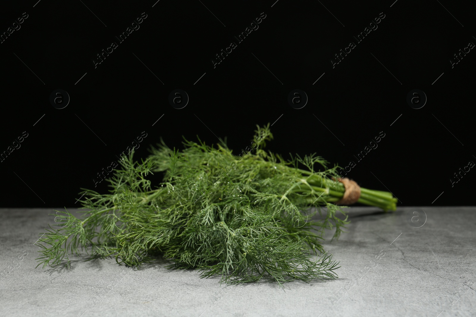 Photo of Bunch of fresh dill with water drops on light grey table against black background