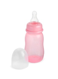 Photo of Empty pink feeding bottle for baby milk isolated on white