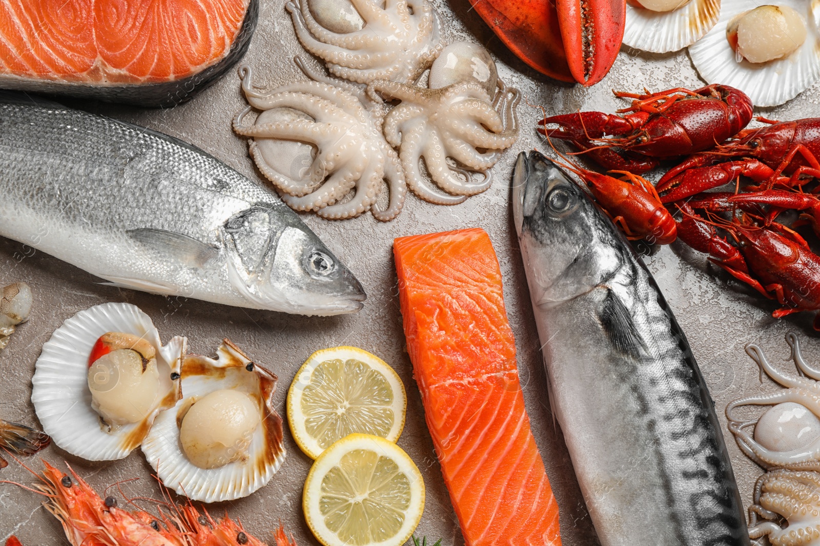 Photo of Fresh fish and seafood on marble table, flat lay