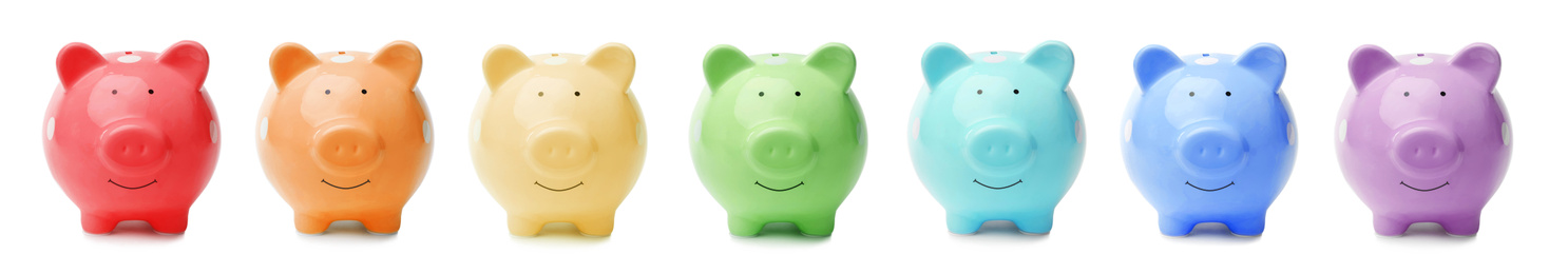 Image of Set with colorful piggy banks on white background. Banner design