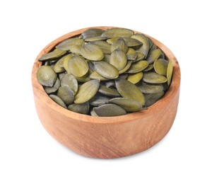 Photo of Wooden bowl with pumpkin seeds isolated on white
