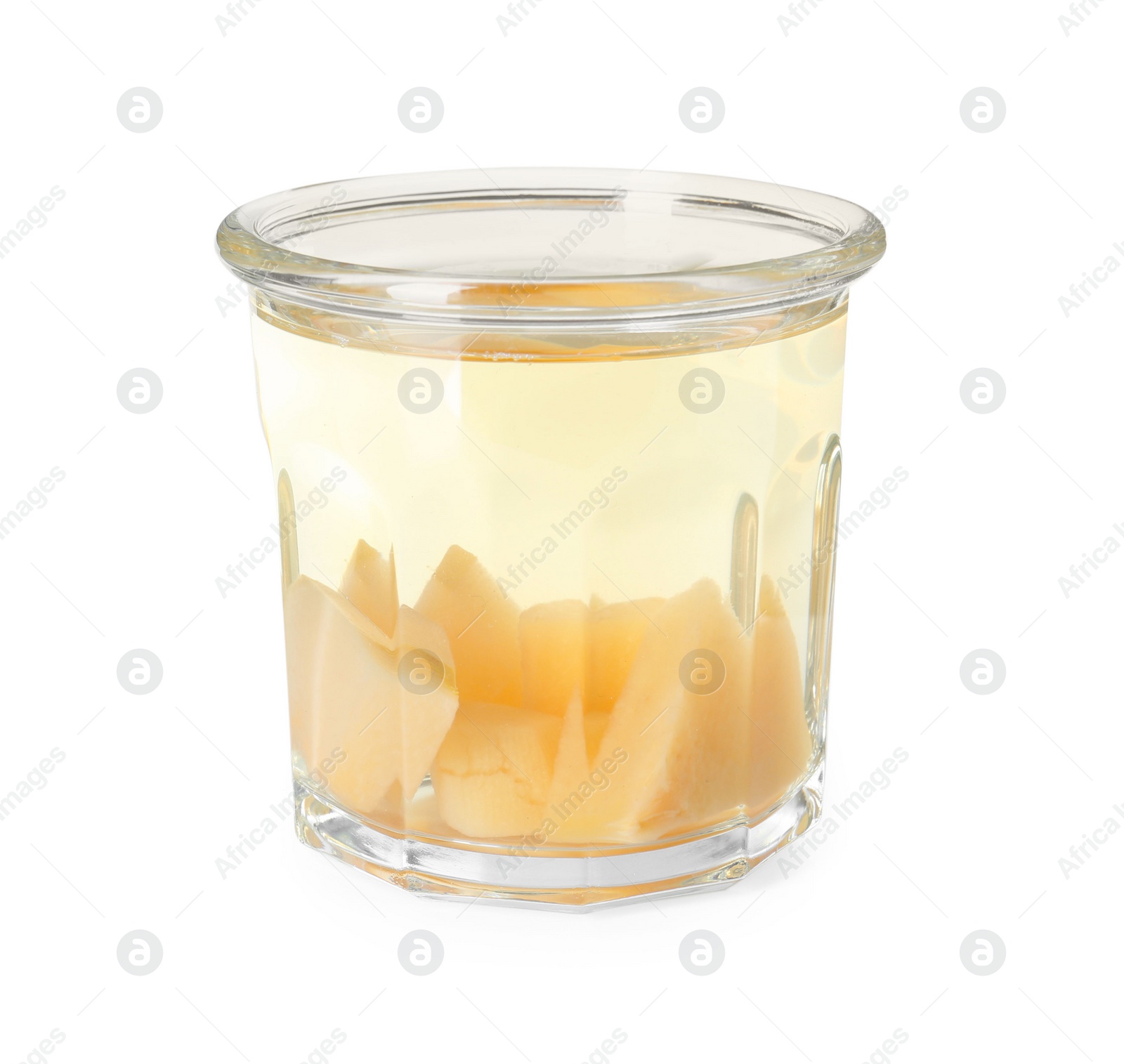 Photo of Delicious quince drink in glass isolated on white