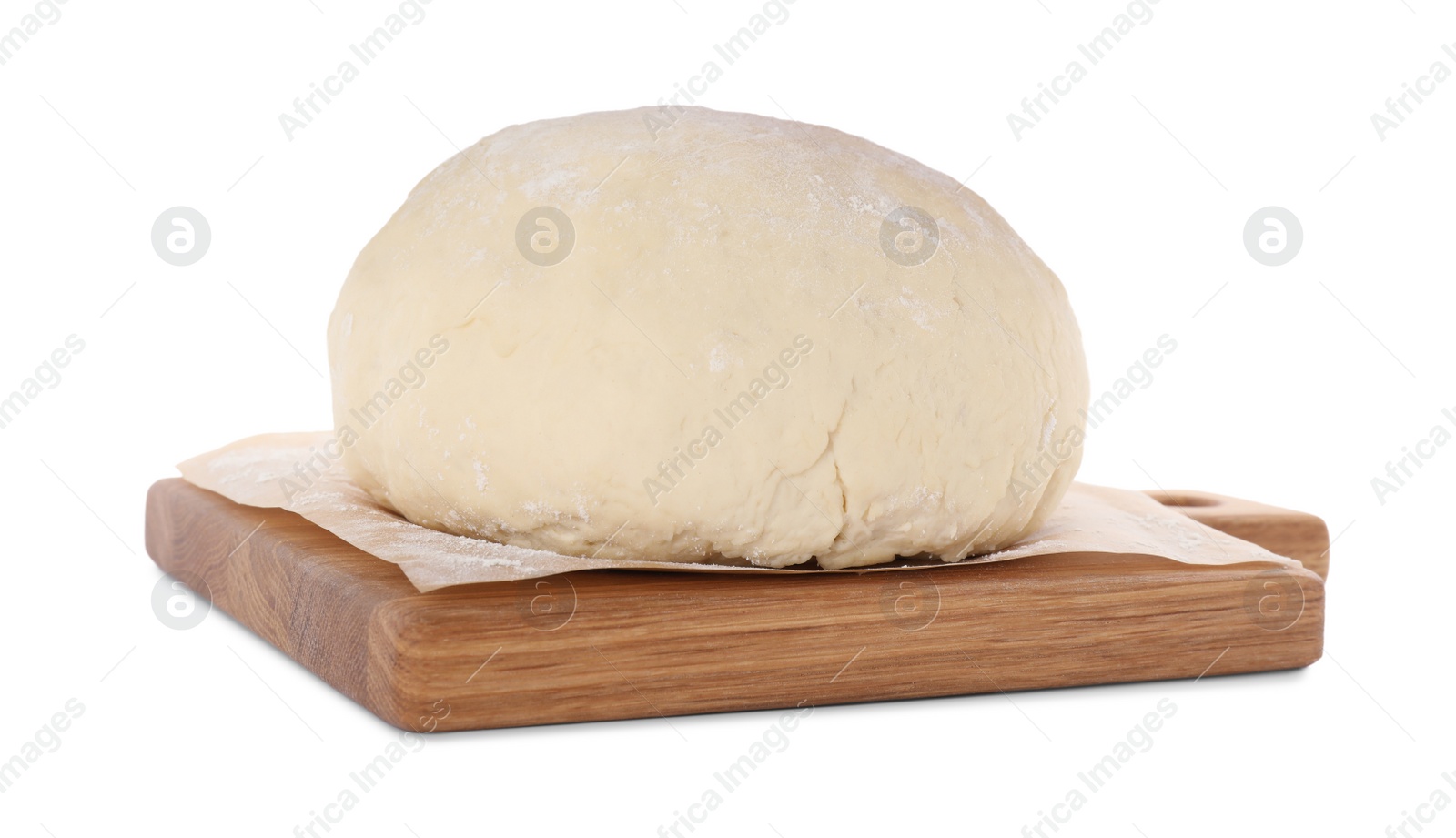 Photo of Fresh raw wheat dough on wooden board against white background