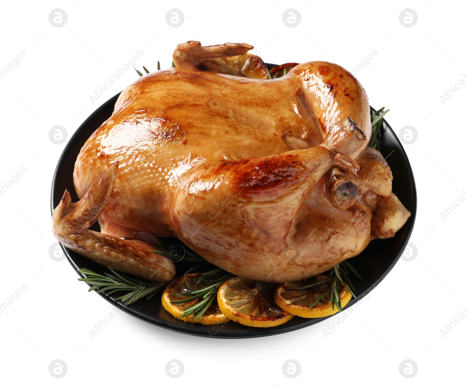 Photo of Tasty roasted chicken with lemon and rosemary isolated on white