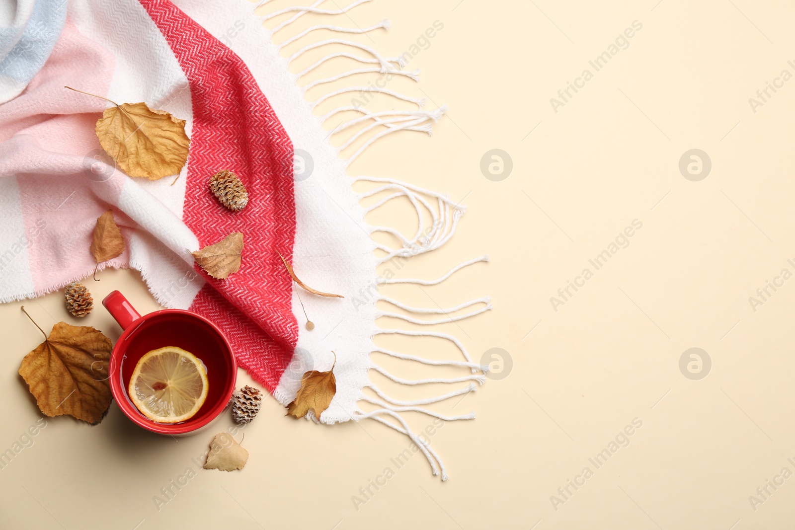 Photo of Flat lay composition with tea and warm plaid on beige background, space for text