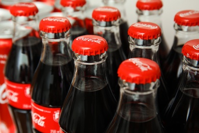 MYKOLAIV, UKRAINE - NOVEMBER 14, 2018: Many bottles of Coca-Cola on display in store